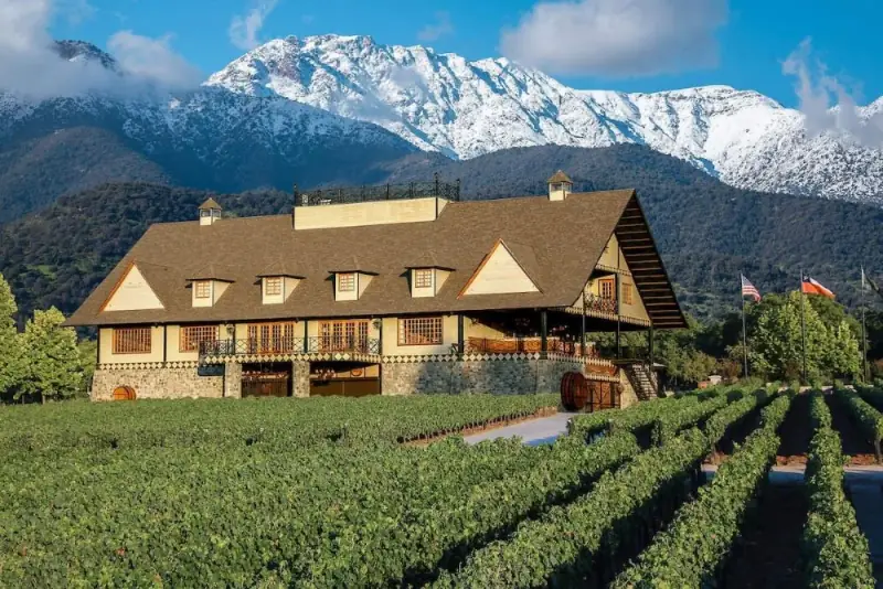 Casa de uma vinícola chilena entre parreirais verdes, com a cordilheira nevada ao fundo