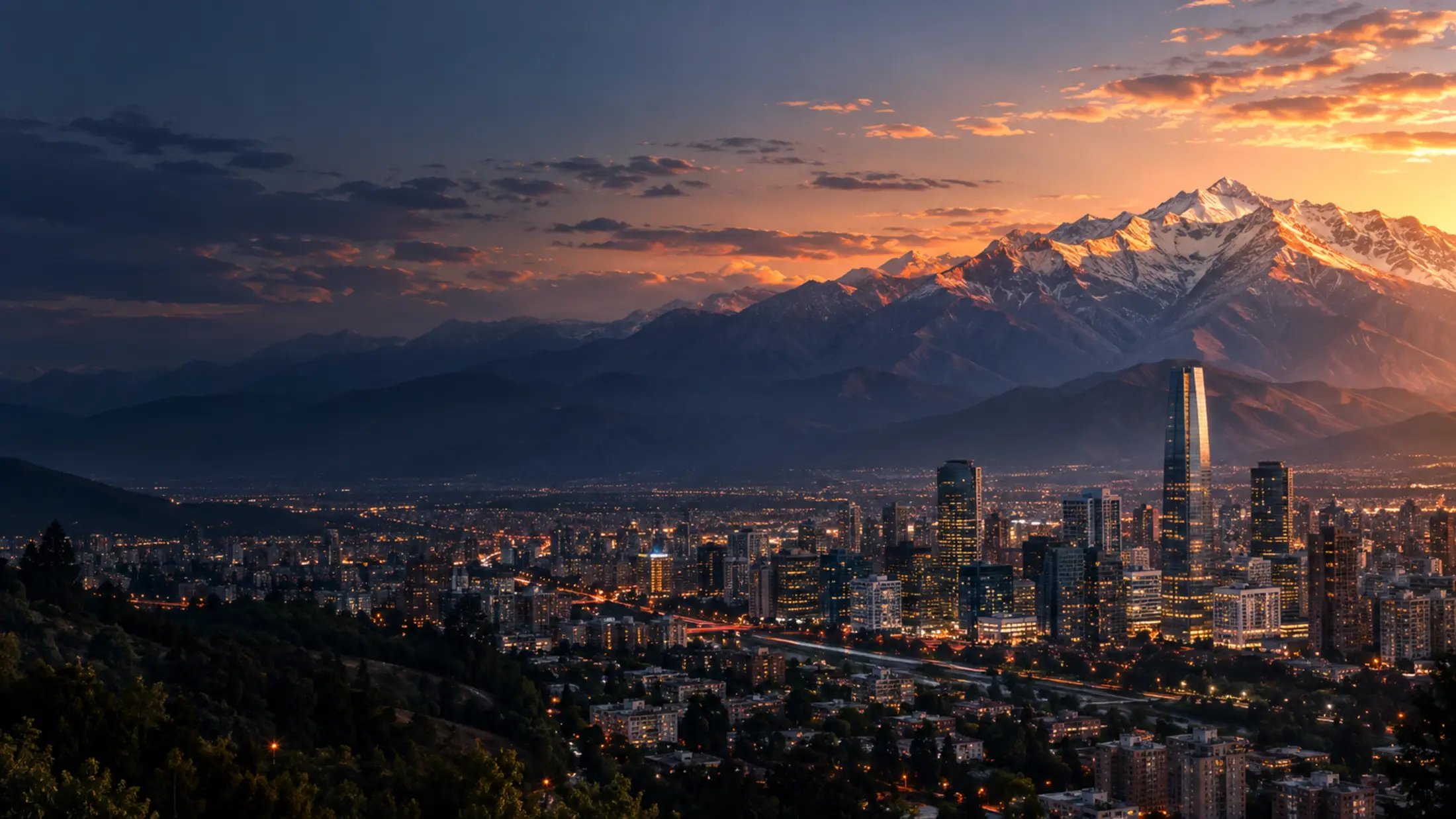 Santiago ao pôr do sol com a Cordilheira dos Andes ao fundo