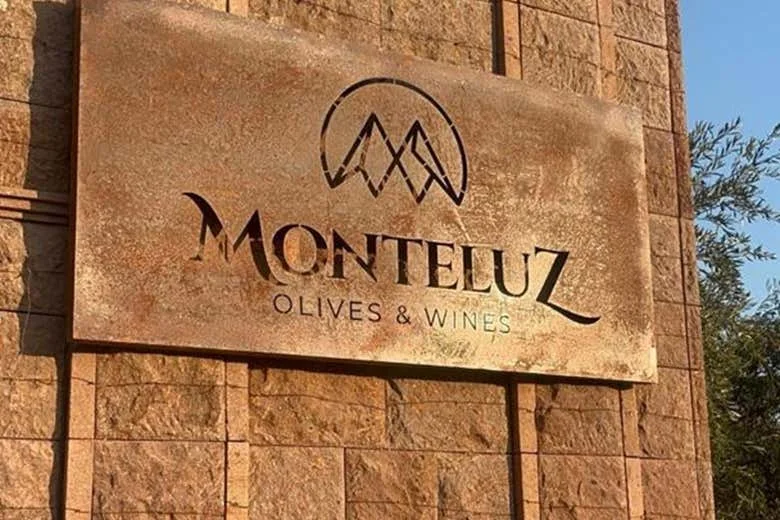 Placa de pedra na entrada da vinícola Monteluz, com o nome e o desenho das montanhas gravados, sob luz de fim de tarde