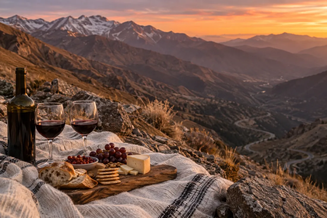 Mesa de piquenique num mirante dos Andes ao pôr do sol, com vinho tinto, tábua de queijos, pão e uvas, e o vale descendo ao fundo