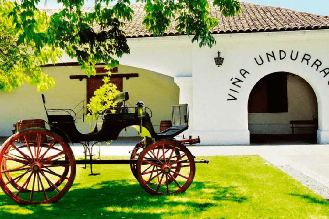 Charrete antiga de rodas vermelhas no gramado da vinícola Undurraga, diante do casarão branco com o nome escrito sobre o arco